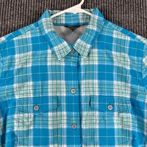 Eddie Bauer Shirt Womens Medium Blue Plaid Long Sleeve Button Up Casual Light